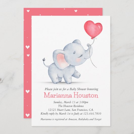 Invitation Baby shower simple éléphant et ballon cardiaque (Devant / Derrière)