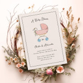 Invitation Baby shower simple et doux rose et bleu pram
