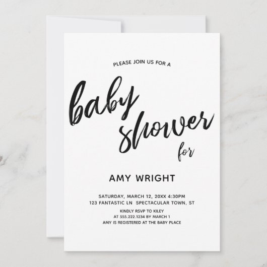 Invitation Baby Shower Simple et Moderne avec Écriture Manusc (Devant)