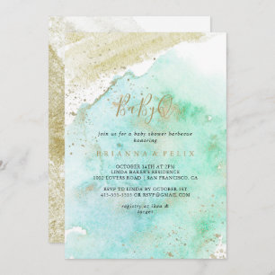 Invitation Baby shower simple Gold et Green BabyQ