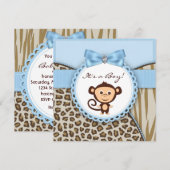 Invitation Baby Shower Singe Brun et Bleu (Devant / Derrière)