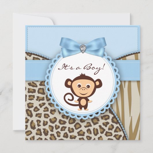 Invitation Baby Shower Singe Brun et Bleu (Devant)