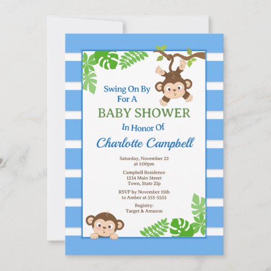 Invitation Baby shower singe, Monkey Boy Invitati (Devant)