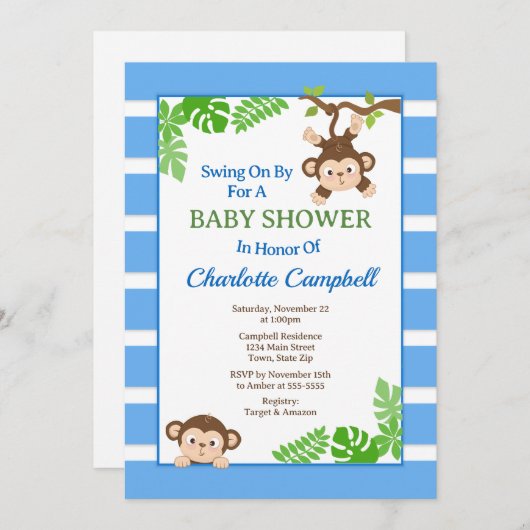Invitation Baby shower singe, Monkey Boy Invitati (Devant / Derrière)