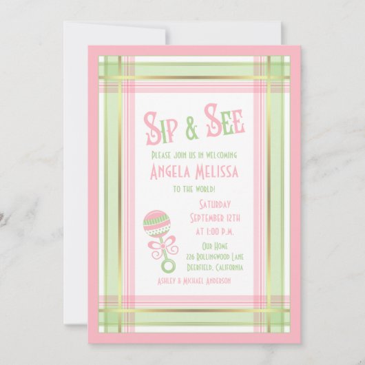 Invitation Baby shower Sip & Voir | Bois vert rose (Devant)