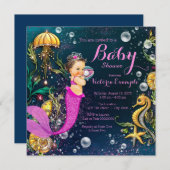 Invitation Baby shower sirène brunette rose chaud (Devant / Derrière)