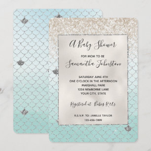 Invitation Baby-Shower Sirène Paillettes Argent Ombré Bleu Me