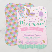 Invitation Baby shower sirène rose violet Turquois