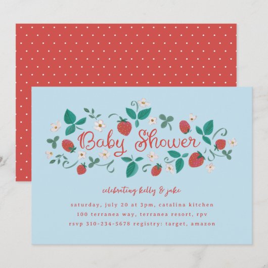 Invitation Baby shower Sky Blue de fraises (Devant / Derrière)