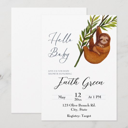 Invitation baby shower Sloth (Devant / Derrière)
