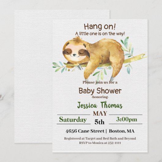 Invitation Baby Shower Sloth Rustique (Devant / Derrière)