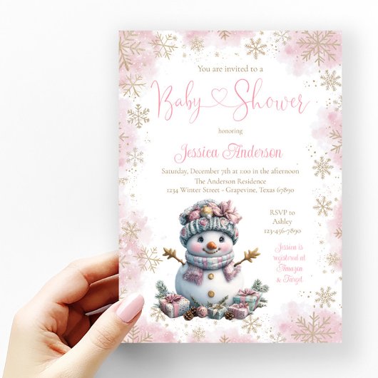 Invitation Baby shower Snowman Pink Gold