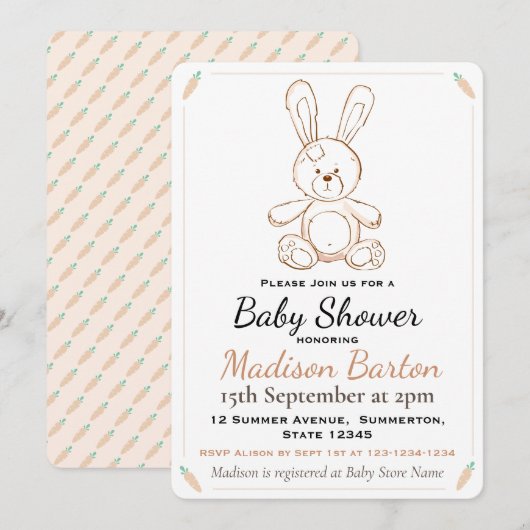 Invitation Baby shower Soft Toy Bunny & Carrots (Devant / Derrière)
