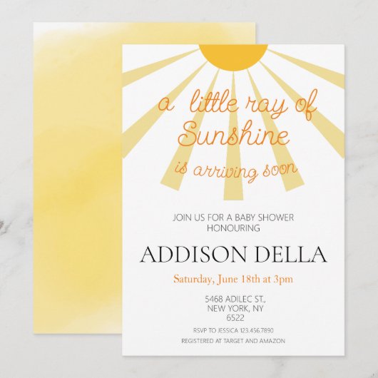 Invitation Baby shower solaire jaune (Devant / Derrière)