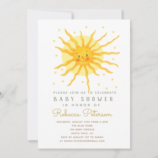 Invitation Baby shower soleil Smile doux et brillant (Devant)