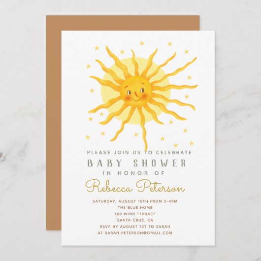 Invitation Baby shower soleil Smile doux et brillant (Devant / Derrière)