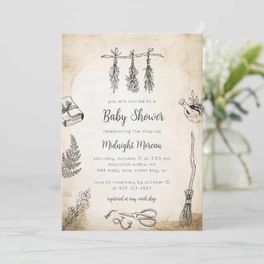 Invitation Baby shower sorcière (Debout devant)