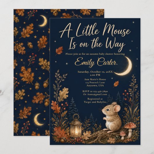 Invitation Baby Shower Souris d'Automne (Devant / Derrière)