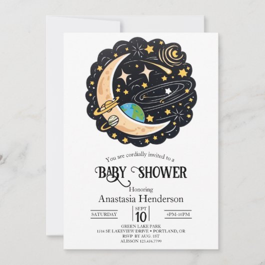 Invitation Baby shower Space Moon Stars (Devant)