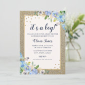 Invitation Baby shower Sparkle Boy Blue Gold floral (Debout devant)