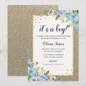 Invitation Baby shower Sparkle Boy Blue Gold floral (Devant / Derrière)