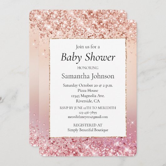 Invitation Baby shower Sparkle Ombre rose et Rose (Devant / Derrière)