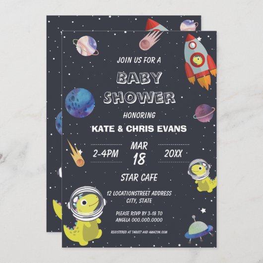 Invitation Baby shower spatial Dinosaur Star Planet Galaxy (Devant / Derrière)