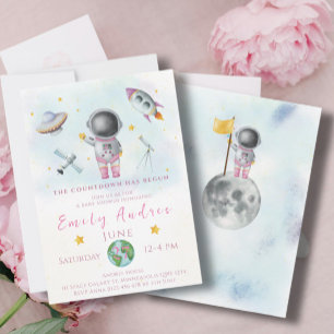 Invitation Baby shower spatial fille astronaute roquette star