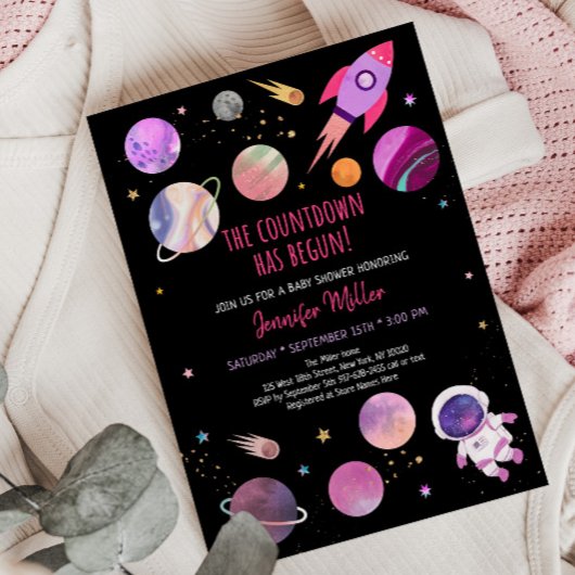 Invitation Baby shower spatial pour astronaute rose