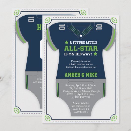 Invitation Baby shower sportif, Bleu, Vert (Devant / Derrière)