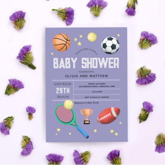 Invitation Baby shower sportif mignon et violet pour filles