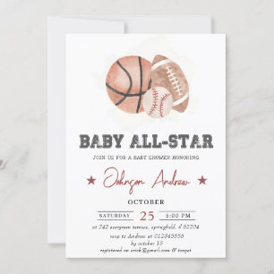 Invitation Baby shower sportif Vintage personnel thème blanc