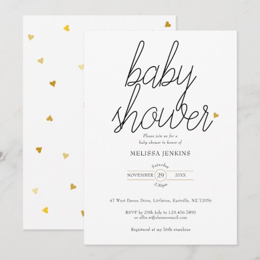 Invitation Baby Shower / Sprinkle Chic Script Cœurs Dorés (Devant / Derrière)
