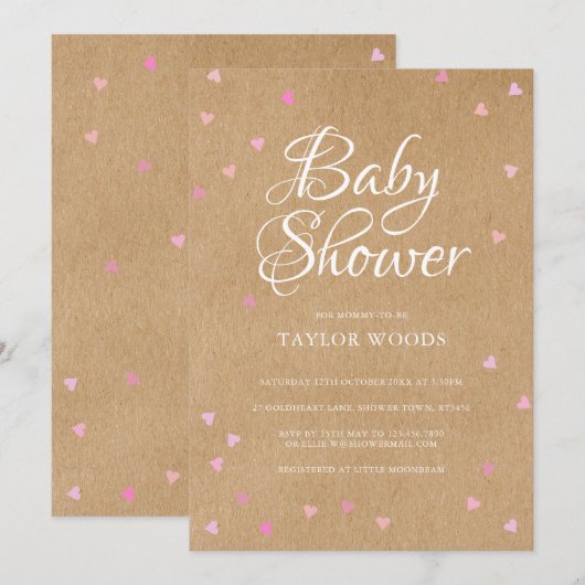 Invitation Baby Shower / Sprinkle Rustique Amour en Cœurs Ros (Devant / Derrière)