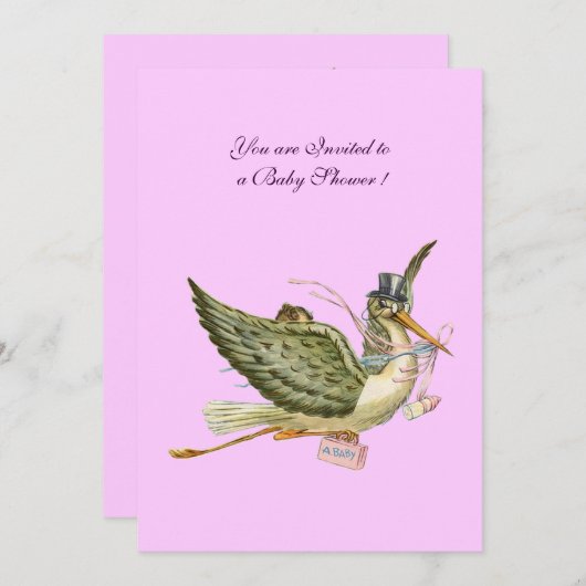 INVITATION BABY SHOWER STORK, (Devant / Derrière)