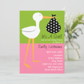Invitation Baby shower - Stork avec paquet Polka Dot (Debout devant)