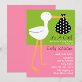 Invitation Baby shower - Stork avec paquet Polka Dot (Devant / Derrière)