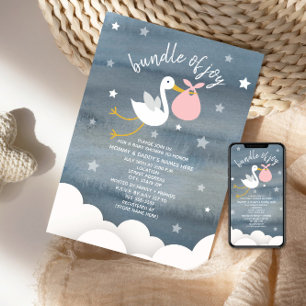Invitation Baby shower Stork Avec Pink Bundle Stars