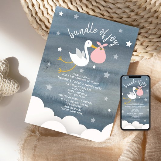 Invitation Baby shower Stork Avec Pink Bundle Stars