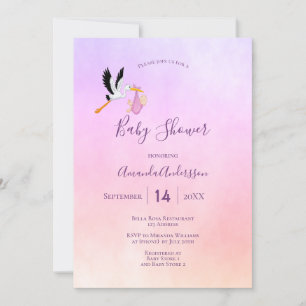 Invitation Baby shower Stork fille rose violet rose or