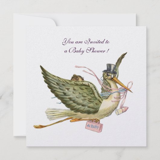 Invitation BABY SHOWER STORK, glace blanche métallique (Devant)