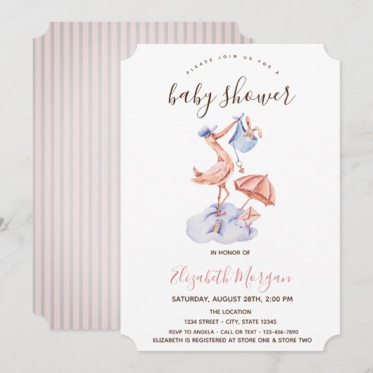 Invitation Baby shower Stork Little Bunny Pink Stripes (Devant / Derrière)