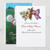 Invitation BABY SHOWER STORK TWIN, champagne métallique (Devant / Derrière)