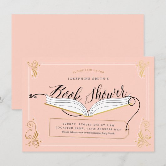 Invitation Baby shower Storybook Gold Pink Fairy (Devant / Derrière)