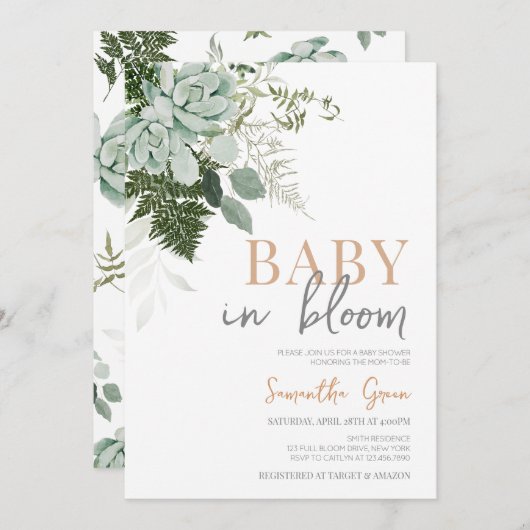 Invitation Baby shower Succulent (Devant / Derrière)