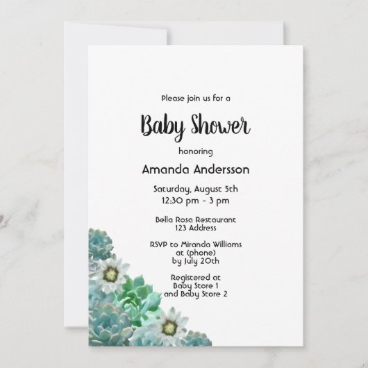 Invitation Baby shower succulent cati fleurs blanc vert (Devant)