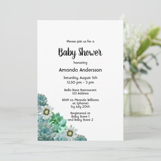 Invitation Baby shower succulent cati fleurs blanc vert (Debout devant)