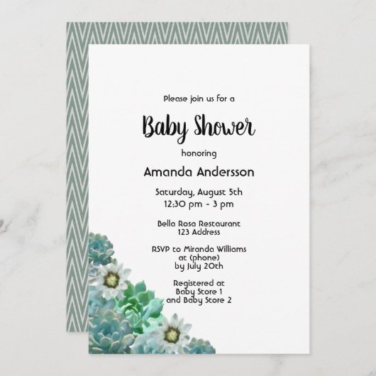 Invitation Baby shower succulent cati fleurs blanc vert (Devant / Derrière)