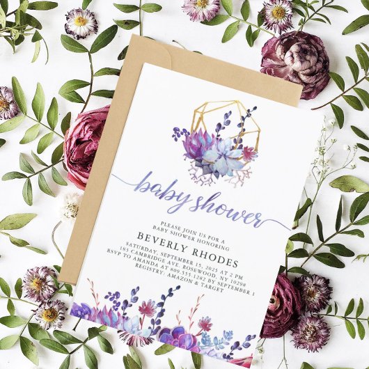 Invitation Baby shower Succulent Floral Violet