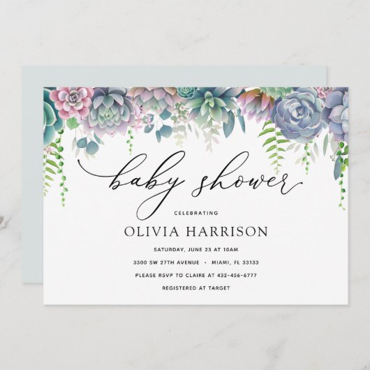 Invitation Baby shower Succulent pourpre et vert (Devant / Derrière)